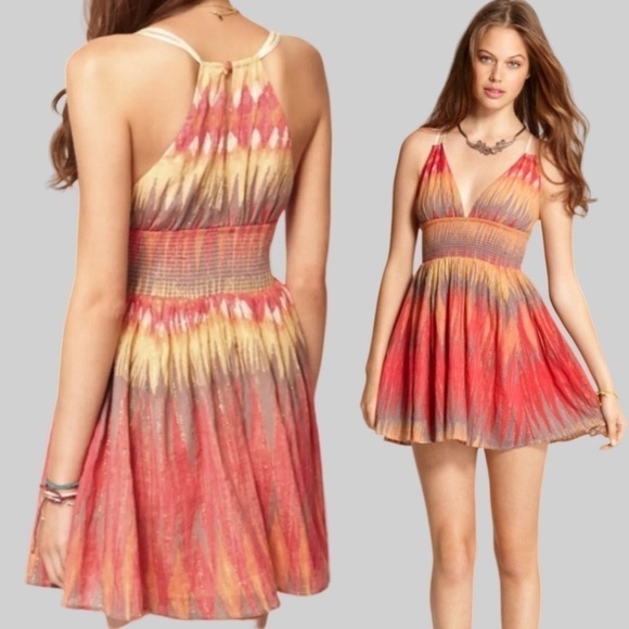 FREE PEOPLE Orange tones smock stretch waist mini dress with thin straps - Picture 1 of 15